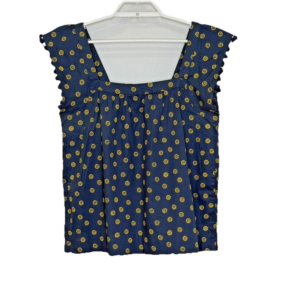J.Crew Top Womens Size 8 Dark Blue Yellow Sunflower Square Neck Pom Pom Trim